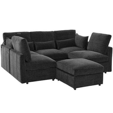 Modern Modular Sofa 85.4' U-shaped Sofa Bed with Movable Ottoman, USB Ports, Phone Holder, Black Chenille - sold by Home Elegance USA
