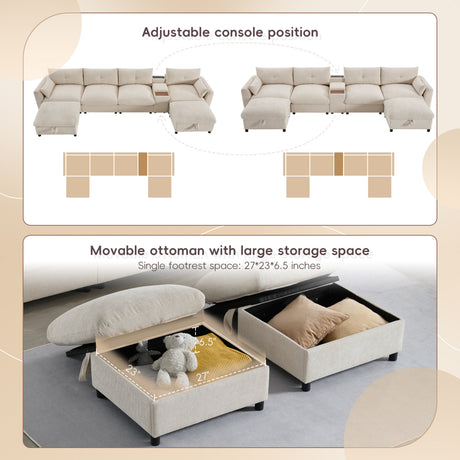136'' Modular Sectional Sofa with Console, Cup Holder, USB Charger, Movable Storage Ottoman, Pull-line&Tufted Design, U-Shaped Oversized Chenille Sofa for Living Room&Apartment,2 Colors - sold by Home Elegance USA