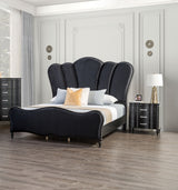 Lovely Attractive Bedroom 3pc Set Queen Size Bed 2x Nightstands Black Fabric Padded HB Wood Legs