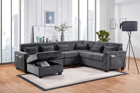 Trevi 115'W Gray Chenille Sectional Sofa with Adjustable Backrest, Charging Ports, Pockets, Tufting, Storage Ottoman, Throw Pillows - sold by Home Elegance USA