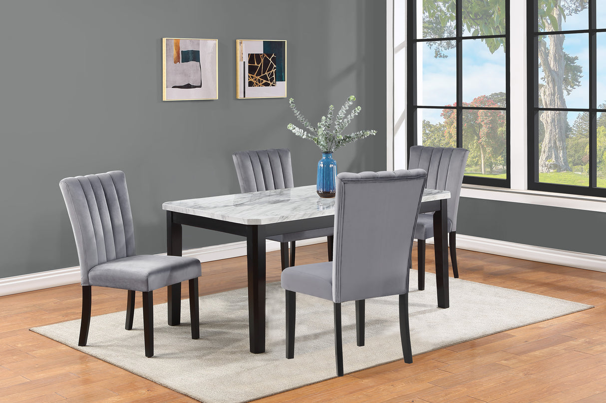 Juego de comedor contemporáneo de 5 piezas con tablero rectangular de imitación mármol, sillas tapizadas en negro, capitoné de madera maciza, muebles de cocina y comedor.