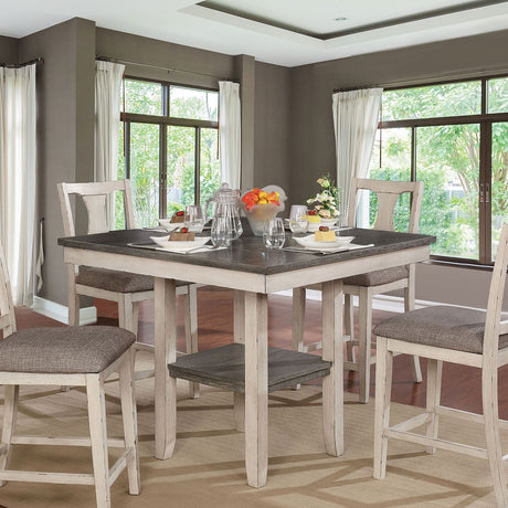 Dining Room Rustic Style Antique White 5pc Dining Set Counter Height Table w Shelf Unique High Chairs Furniture - sold by Home Elegance USA