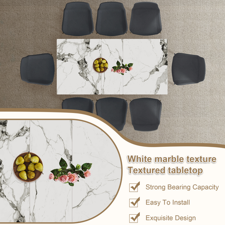 Modern 59-inch Expandable Dining Table with Retractable Leaf, Charred Stone Top & Golden Carbon Steel X-Base, 4-8 Person Set with 8 Gray PU Chairs for Small Apartments, Kitchen - sold by Home Elegance USA