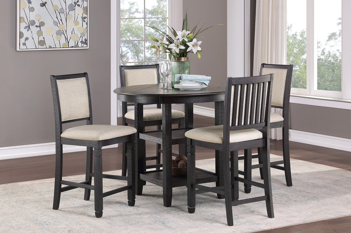 5pc Counter Height Dining Set Table w Built - in Shelves and 4x Counter Height Chairs Black and Brown Finish Wooden Dining Room Furniture | Home Elegance USA