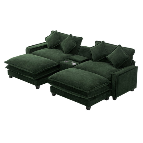 Chenille Upholstered 111' Sectional Sofa with Two Removable Ottomans, USB Ports, Cup Holders, and Storage, Green - sold by Home Elegance USA