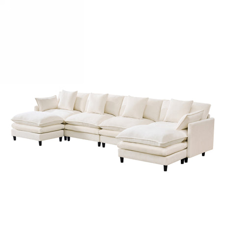 140.9-inch U-shaped modular sectional sofa, suitable for living room or bedroom. It comes with 2 movable ottomans, 4 cushions and 2 throw pillows. Made of soft cashmere fabric, in beige - sold by Home Elegance USA