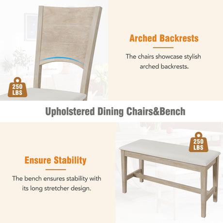 TOPMAX Modern Style Natural Wood 6-Piece Dining Table Set with Bench and Chairs, Upholstered Seats, Rubberwood Frame - sold by Home Elegance USA