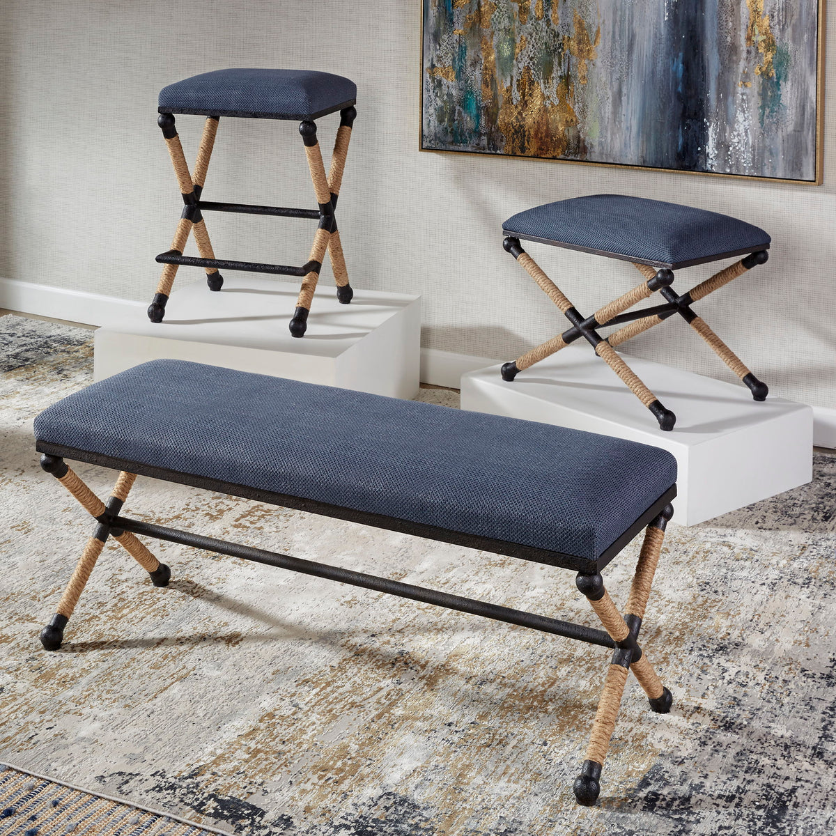 Firth Rustic Bench Navy - Blue / Light Brown by Uttermost - View 8