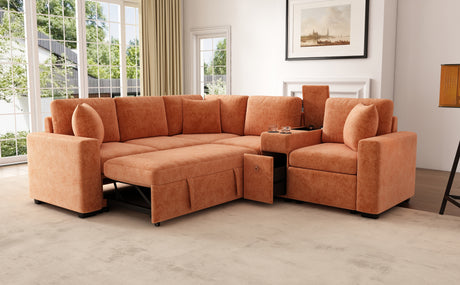 120.5' L-shaped Convertible Sofa Bed Modular Sectional Sofa Reversible Sleeper with Pull-Out Bed, Cup Holders, and Ample Storage Space for Living Room(Old SKU:N719S001940G), Orange - sold by Home Elegance USA