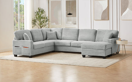 Modern U-shaped Sectional Sofa with Movable Ottoman and Side Storage Pockets, Grey Corduroy, 125.2' - sold by Home Elegance USA