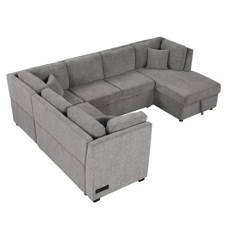 U-shaped Sectional Sofa Pull out Sofa Bed with USB Ports, Power Sockets, Storage Chaise, Light Gray Chenille, 108.6' - sold by Home Elegance USA