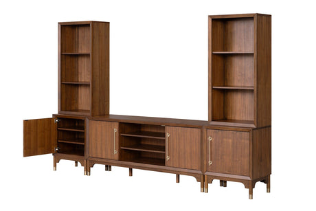 Mid-Century Modern TV Stand Entertainment Center Left Right Pier With Base Adjustable Shelves Gold Caped Legs LED On Pier Walnut Finish - sold by Home Elegance USA