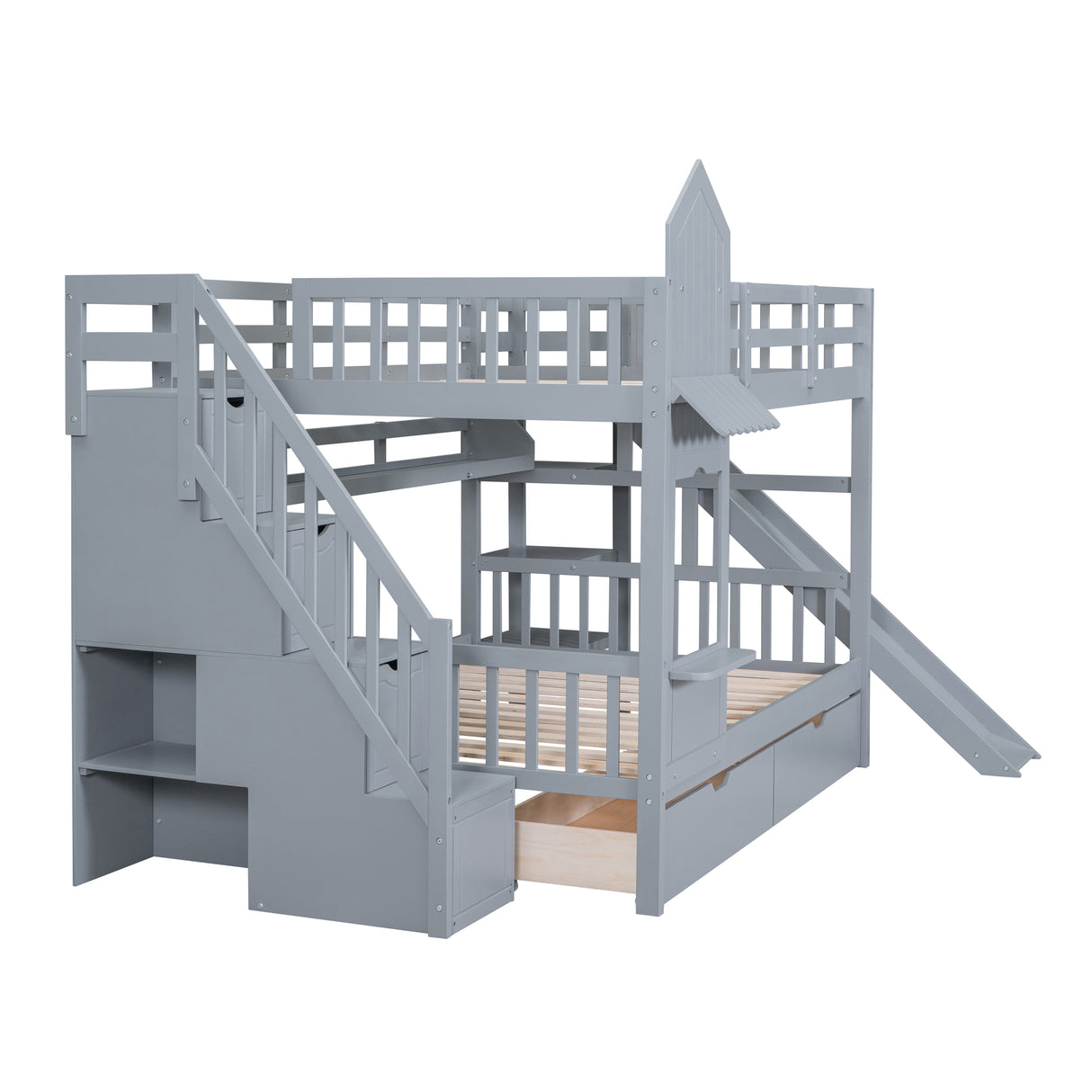 Full-Over-Full Castle Style Bunk Bed with 2 Drawers 3 Shelves and Slide - Gray(OLD SKU:LT000558AAE-2) - sold by Home Elegance USA