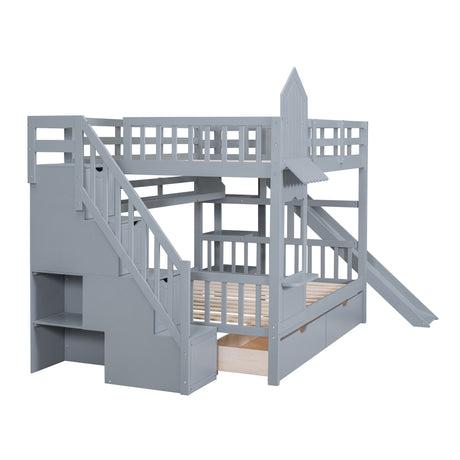 Full-Over-Full Castle Style Bunk Bed with 2 Drawers 3 Shelves and Slide - Gray(OLD SKU:LT000558AAE-2) - sold by Home Elegance USA