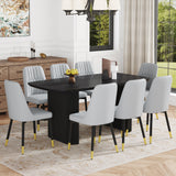 Table and chair set.67 * 35.4 inch black wood grain MDF dining table: a simple and luxurious, stable choice.Paired with 8 Light Gray chairs with PU cushions and black metal legs.