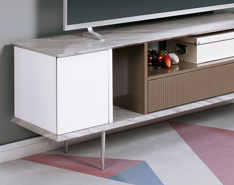 Modern Contemporary Style TV Console Base Stand Open Shelf And One Drawer Attached Ball Bearing Glides Replicated Marble On Top With High Gloss Champagne, White, And Gray Finish - sold by Home Elegance USA