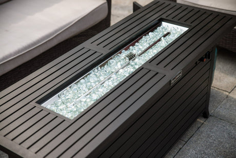 57in Outdoor Gas Propane Fire Pits Table, Aluminum, 50000BTU Firepit Fireplace Dinning Table with Lid, Fire Glass, Retangular, ETL Certification, for Garden Backyard Deck Patio - Mocha | Home Elegance USA