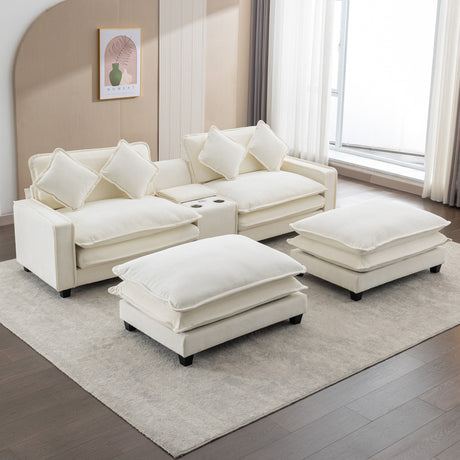Chenille Upholstered Sectional Sofa with Removable Ottoman, USB Ports, Cup Holders, and Storage, Beige, 111' - sold by Home Elegance USA