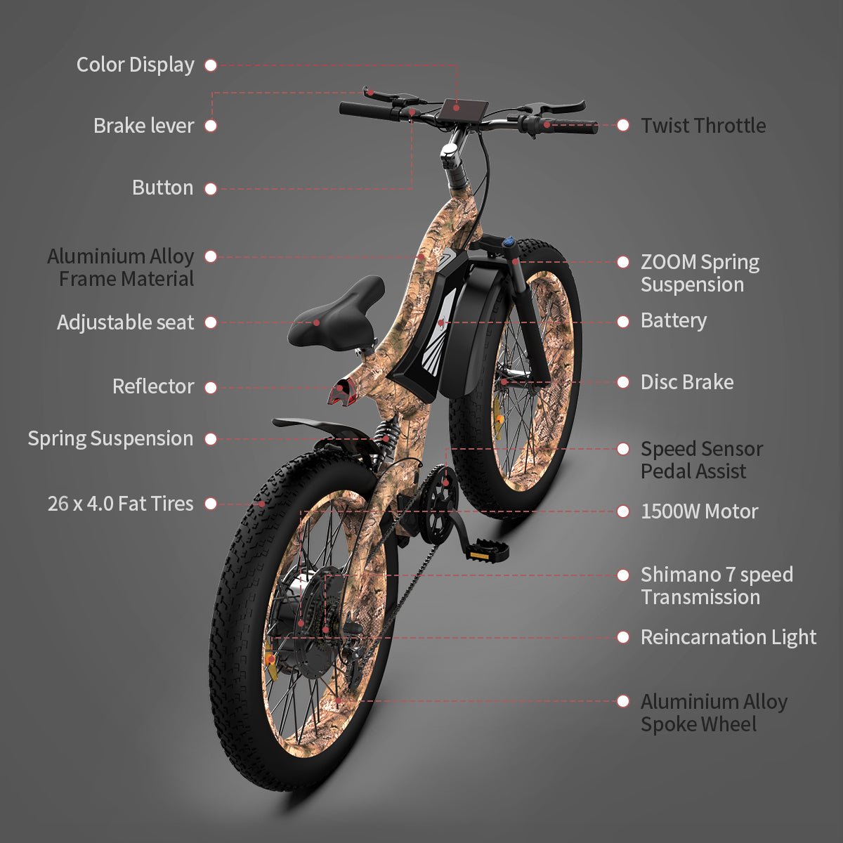 AOSTIRMOTOR S18 - 1500W 26" 1500W Electric Bike Fat Tire 48V 15AH Removable Lithium Battery Mountain Bicycle Shimanos Bicycle Full Suspension MTB Bikes for Adults - S18 - 1500W - Home Elegance USA - 4