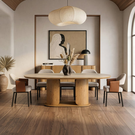 Walbrook - Modern Faux Travertine Ceramic + White Oak Oval Dining Table - View Image 1