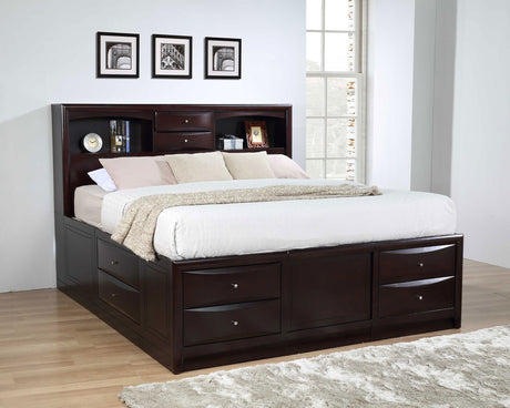 Eastern King Storage Bed - Phoenix Wood Eastern King Storage Bookcase Bed Cappuccino