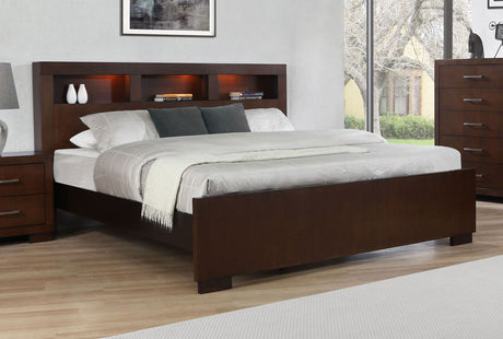 Eastern King Bed - Jessica Eastern King LED Storage Bookcase Bed Cappuccino