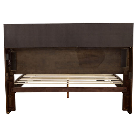 Queen Bed - Jessica Wood Queen LED Storage Bookcase Bed Cappuccino