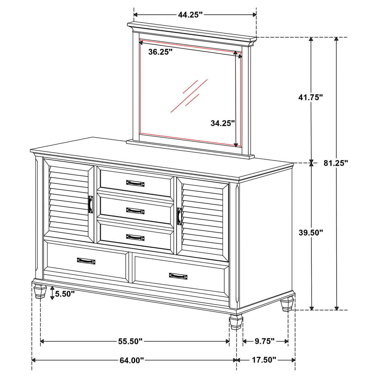 Dresser With Mirror - Franco 5-drawer Dresser with Mirror with 2 Louvered Doors Burnished Oak