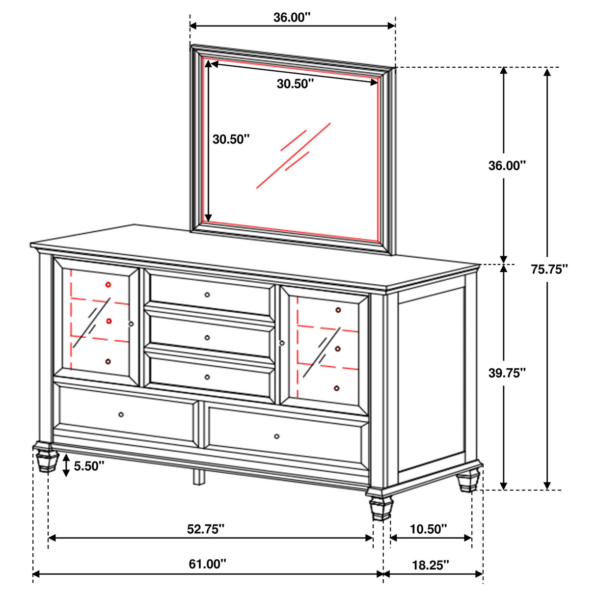 Dresser With Mirror - Sandy Beach 11-drawer Dresser with Mirror Black