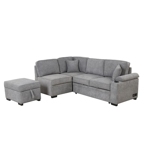 Modern Sleeper Sofa Bed with Storage Ottoman, Gray Linen, 84.75' L Shape Couch for Living Room or Apartment - sold by Home Elegance USA