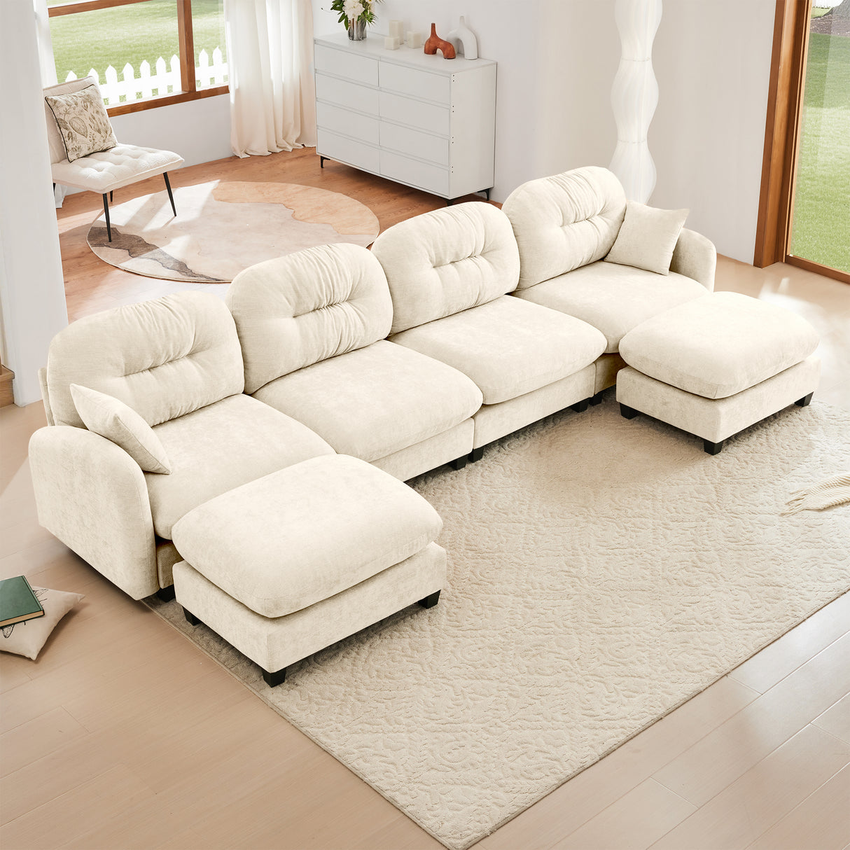 Modular Sectional U Shaped Couch With Ottoman,Soft Chenille Fabric  Tufted Cushion Backrest Design,High-Density Foam Ergonomic design,Elegant Armrests,Easy Install Fits Bedrooms Living Rooms,Beige