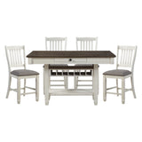 Antique White and Rosy-Brown Counter Height Dining 5pc Set Counter Height Table w Storage Display Shelf 4x Drawers Wine Rack and 4x Counter Height Chairs