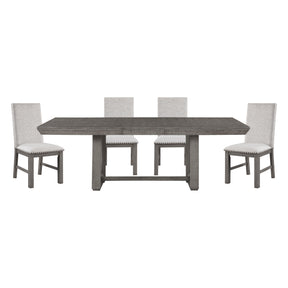 Rustic Design Dining Table 5pc Set Gray Finish Table w Extension leaf and 4x Fabric Upholstered Side Chairs Modern Dining Room Furniture