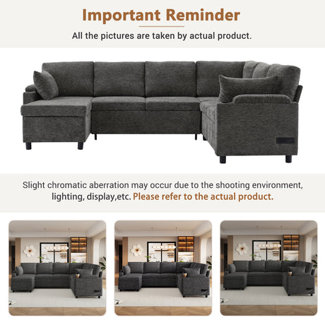 Versatile U-Shaped Sectional Sofa Bed with Storage, Cup Holders, Charging Ports in Grey Chenille - sold by Home Elegance USA