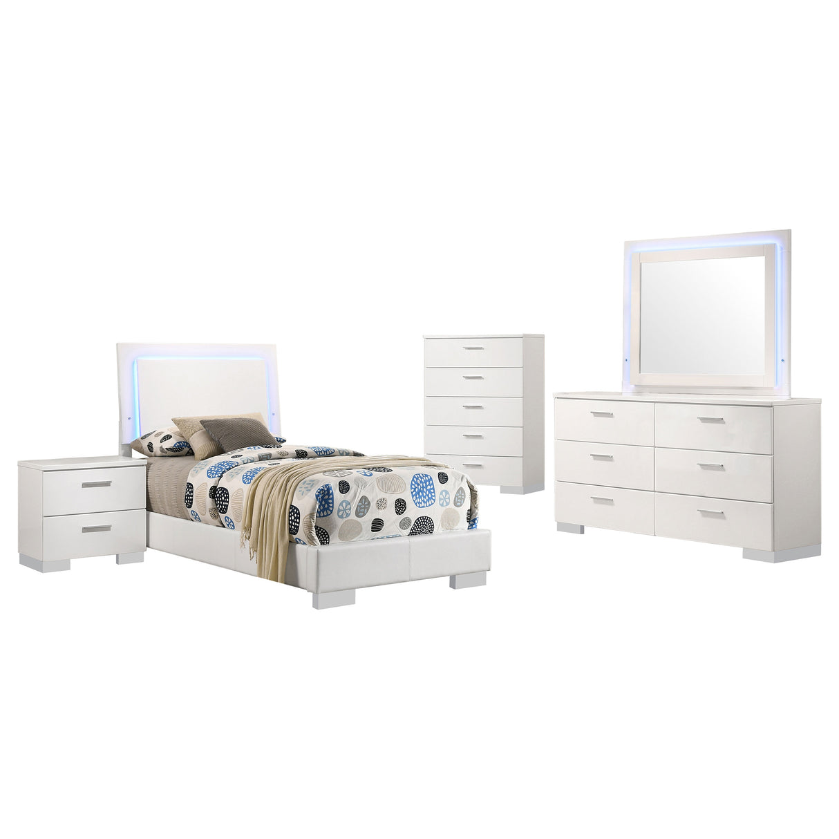 Felicity 5-piece Twin Bedroom Set White High Gloss - sold by Home Elegance USA