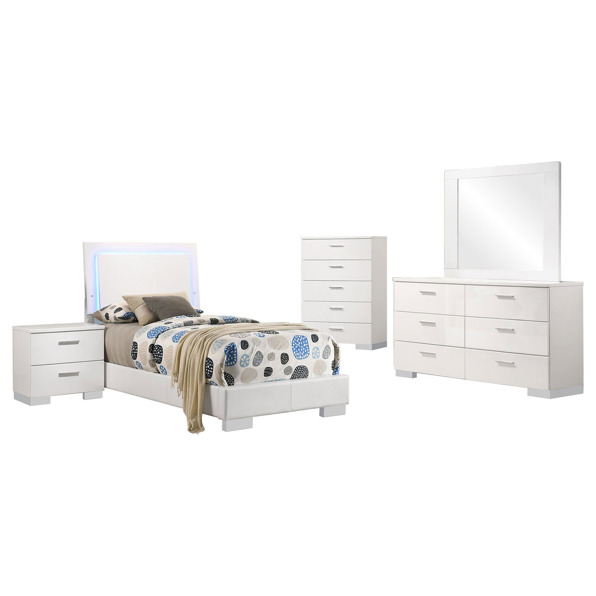 Felicity 5-piece Twin Bedroom Set White High Gloss - sold by Home Elegance USA