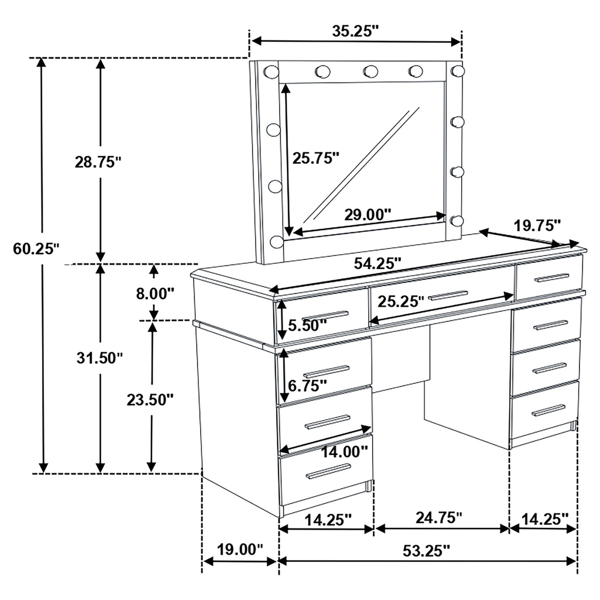 Vanity Table & Mirror - Felicity 9-drawer Vanity Desk with Lighted Mirror Glossy White