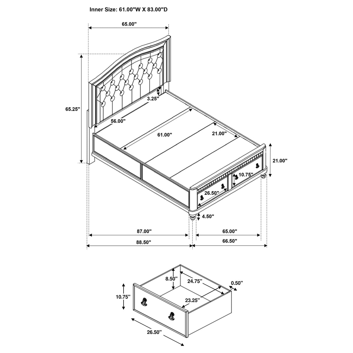 Queen Storage Bed - Bling Game Wood Queen Storage Panel Bed Metallic Platinum