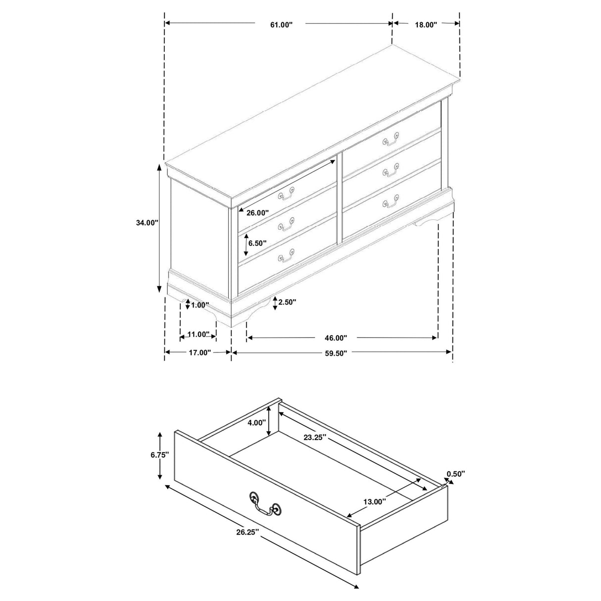 Dresser - Louis Philippe 6-drawer Dresser White