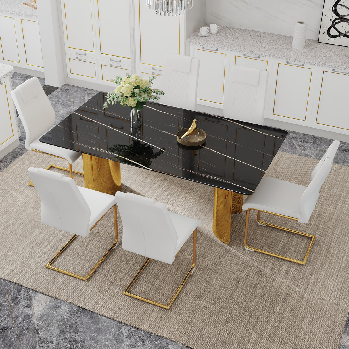 Table and chair set.The table has a glass tabletop with imitation marble pattern stickers and stainless steel golden legs.Paried with 6 comfortable chairs with PU seats and metal legs.W1151S01511