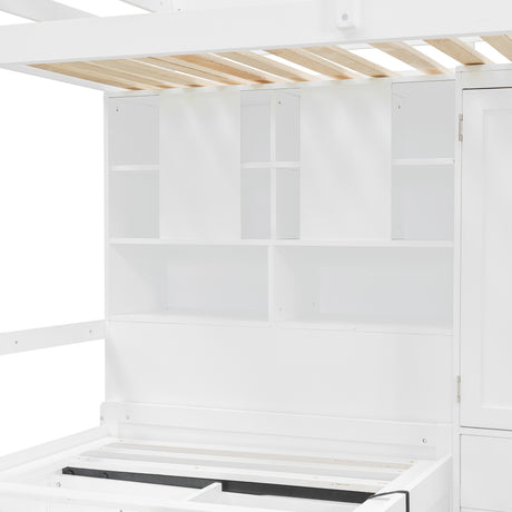 Twin Bunk Bed with Drawers, Wardrobe, Storage Shelves and Hydraulic Bed,White - sold by Home Elegance USA
