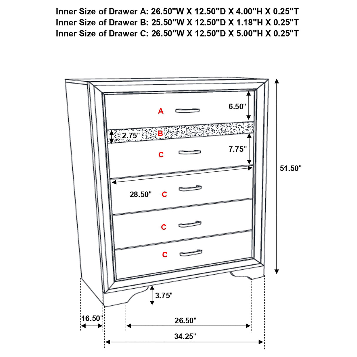 Chest - Miranda 5-drawer Chest White and Rhinestone