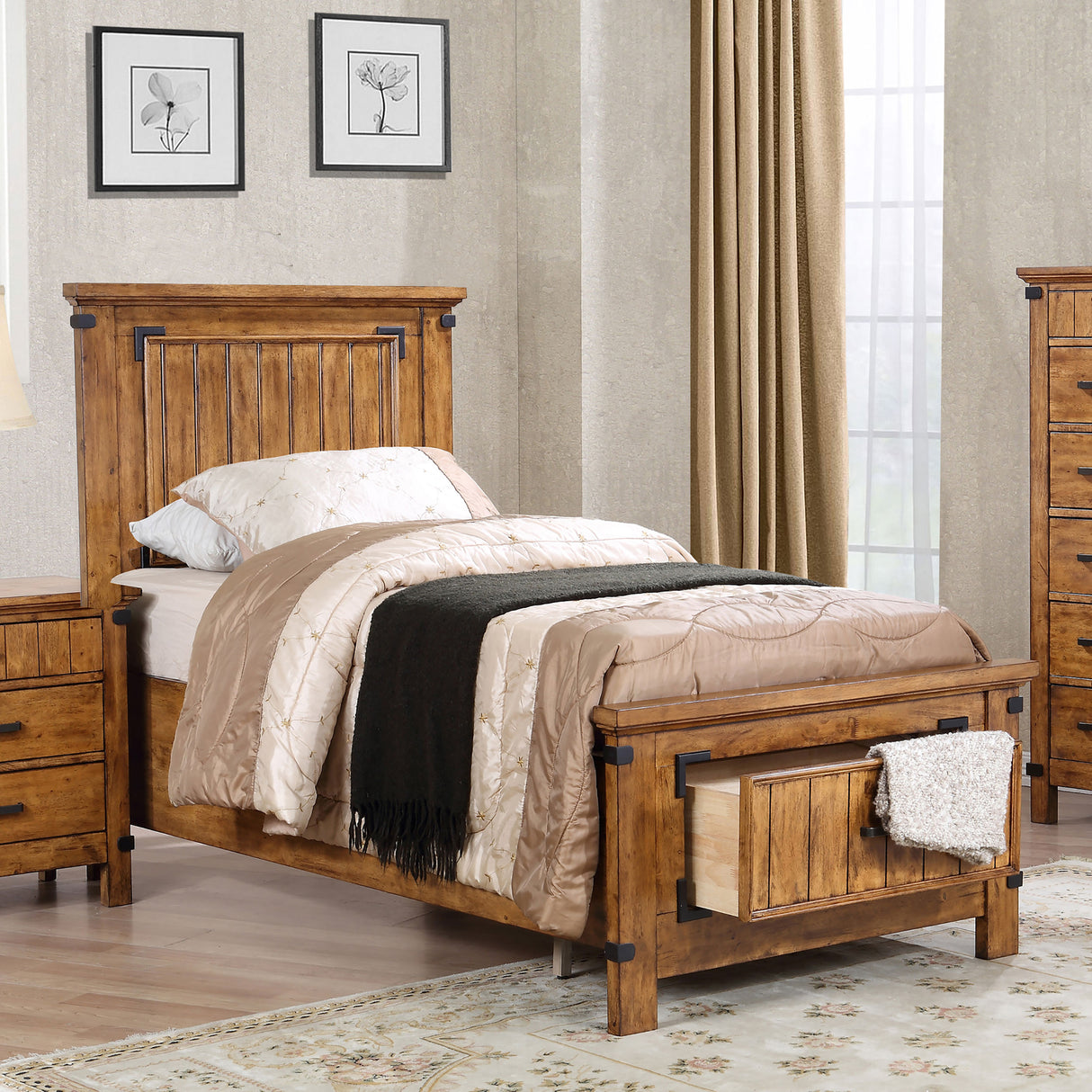 Twin Storage Bed - Brenner Wood Twin Storage Panel Bed Rustic Honey