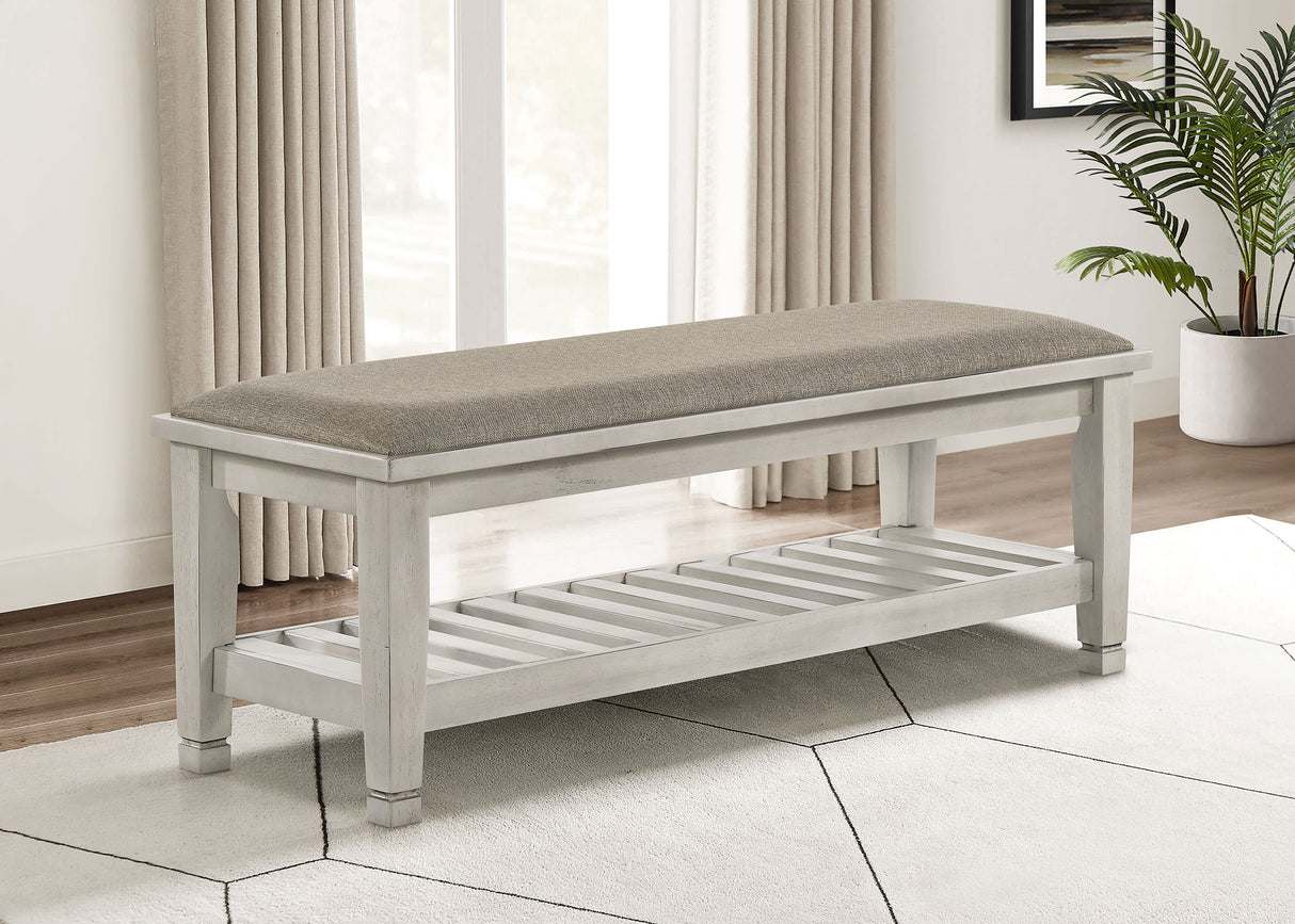 Franco Fabric Upholstered Bench with Shelf Distressed White - Home Elegance USA