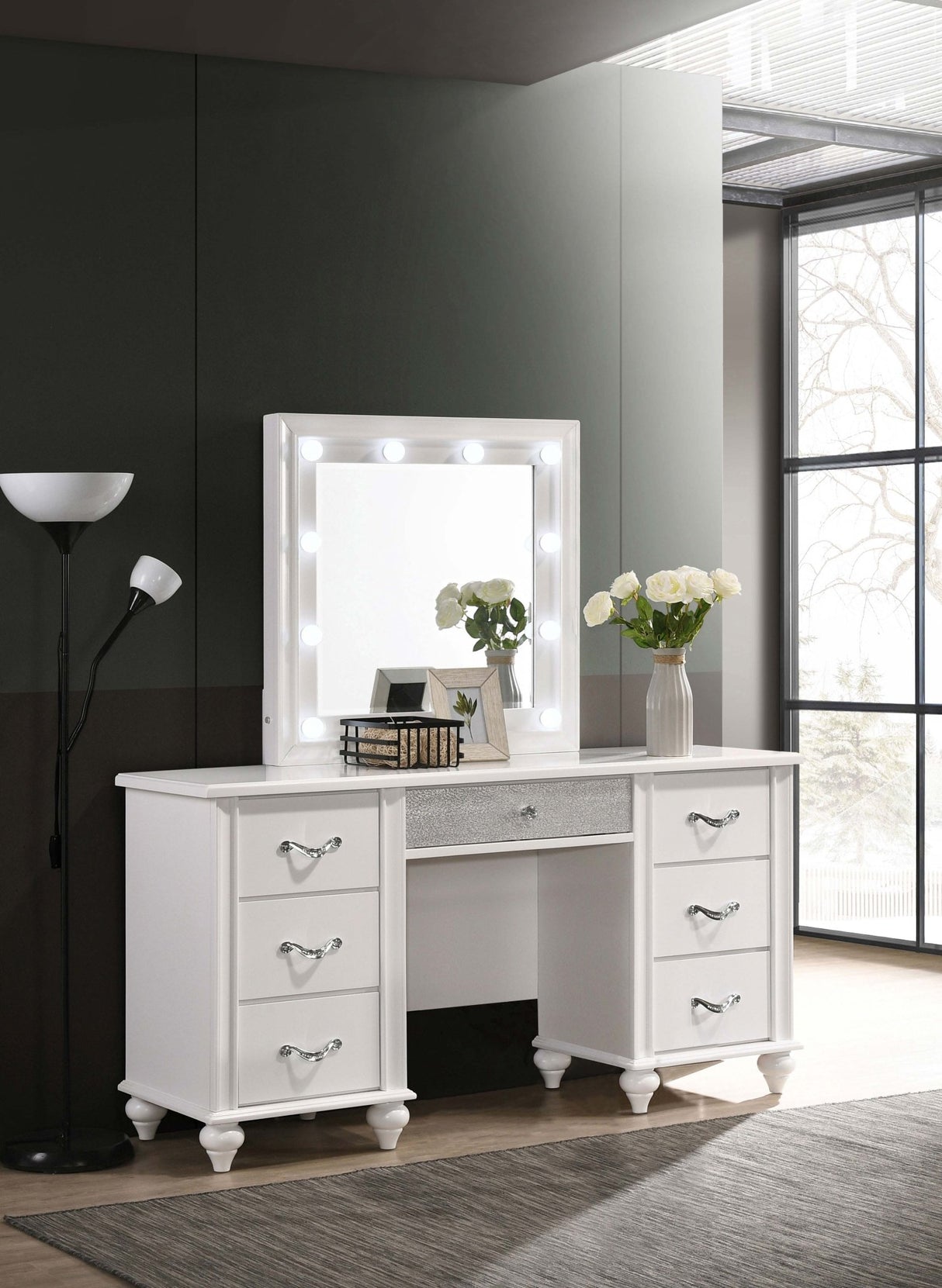 Barzini 7 - drawer Vanity Desk with Lighted Mirror White | Coaster | Home Elegance USA