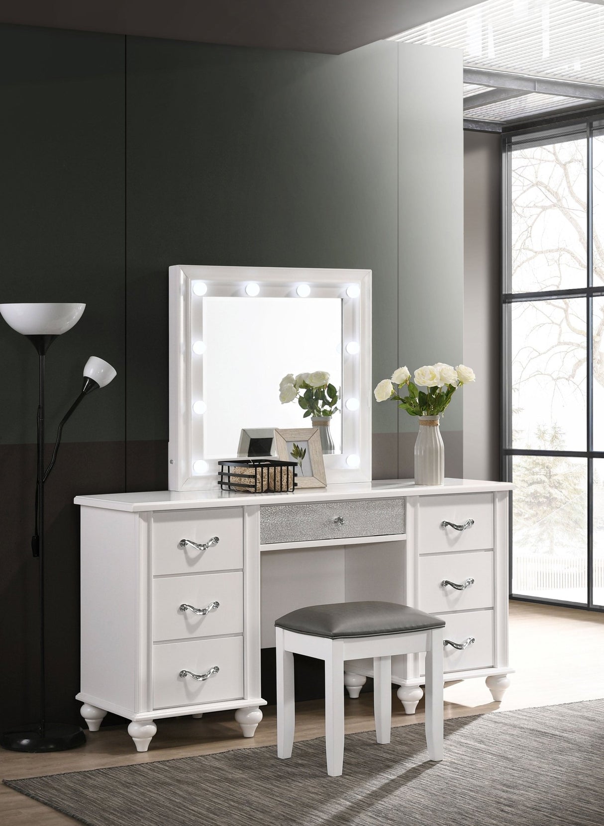 Barzini 7 - drawer Vanity Desk with Lighted Mirror White | Coaster | Home Elegance USA