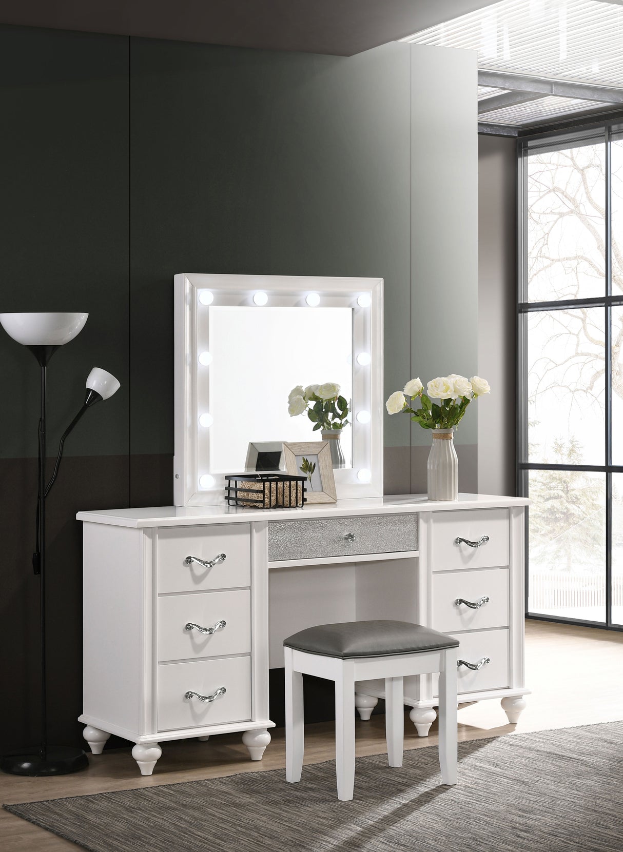 Vanity Table & Mirror - Barzini 7-drawer Vanity Desk with Lighted Mirror White