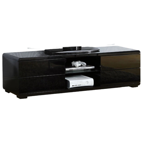 Black Finish Contemporary Style Lacquer Coating TV Console With Full Extension Ball Bearing Glides Drawers Rear Wearing Access And Open Storage Space - sold by Home Elegance USA