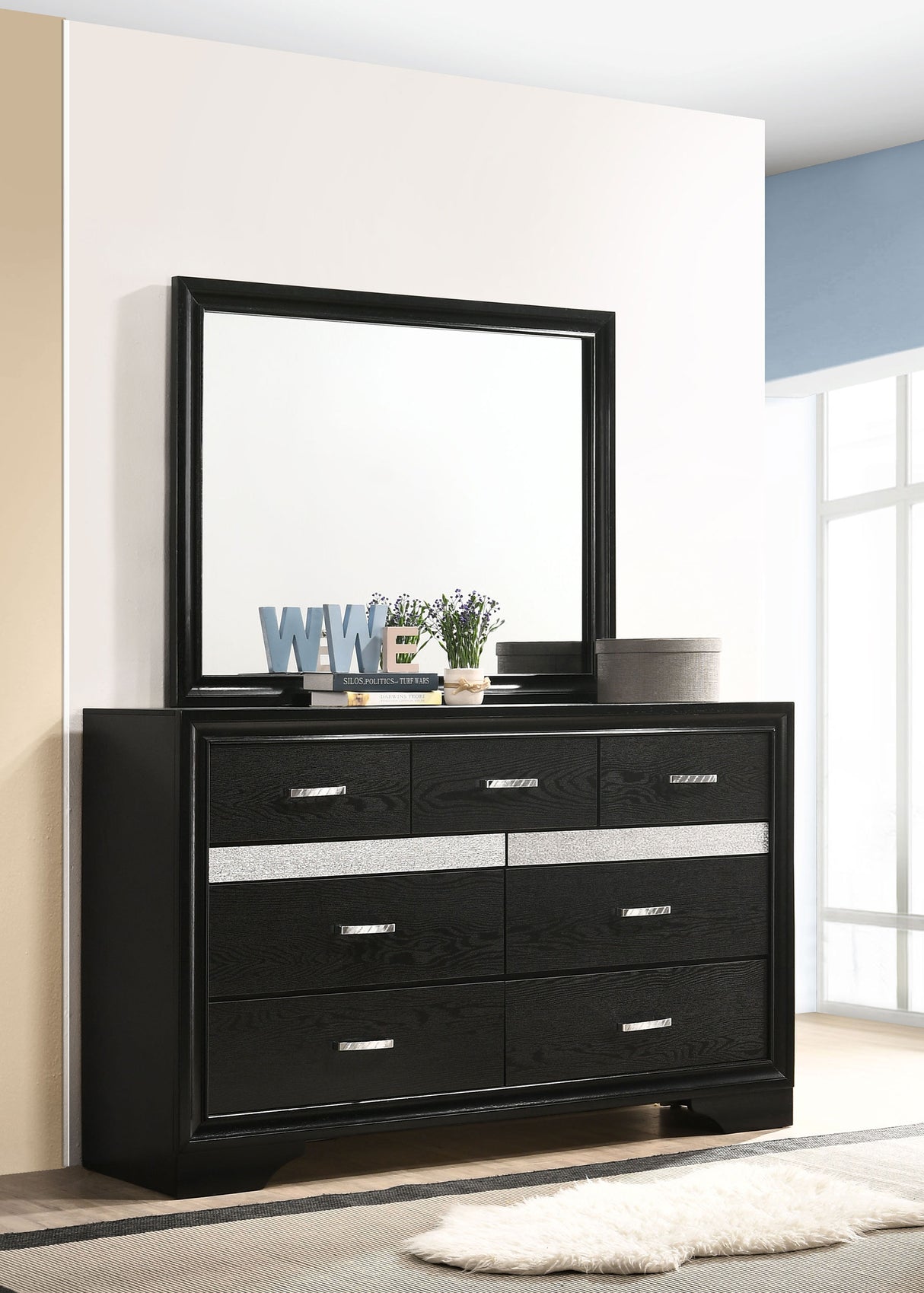 Dresser With Mirror - Miranda 7-drawer Dresser with Mirror Black and Rhinestone