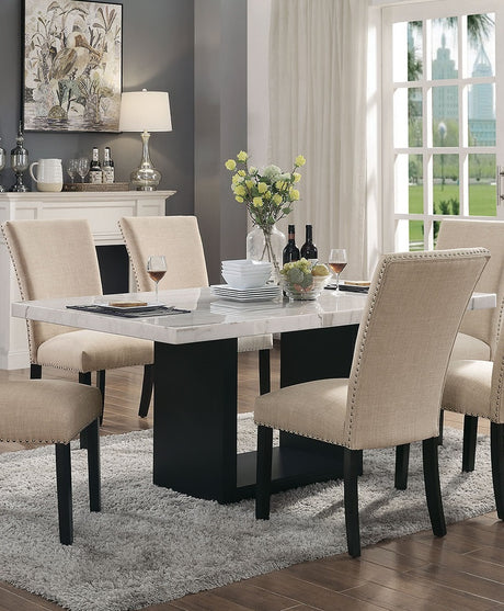 Gorgeous Marble Top Table w 6x Side Chairs Beige Fabric Upholstered Chair Dining Room 7pc Set Black Wooden Furniture - sold by Home Elegance USA